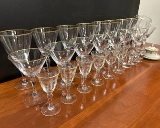 Lot 8041 Fostoria Pitcher  Aurora Wine  Champagne Glasses  Misc Shot Glasses