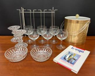 Lot 8045 Sheltonware Ice Bucket  France Stemware  Bowls  Candlestick Holders  Under Cabinet Wine Glass Rack