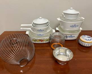 Lot 8040 Apilco Porcelain Lidded Bowls  Corningware Casserole Dishes  Gorham Silverplated Bowl  French Mason Jar  Bread Basket