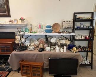 Miniature creamers, Pyrex, Wood Bowl, TV and Oak Wall Cabinet
