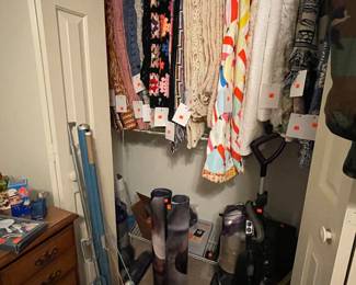 Vintage crochet throws, Queen bedspread, handmade quilt, Dyson and Bissell vacuums, projector screen