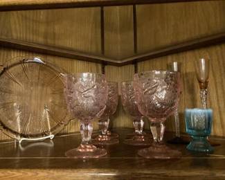 Vintage Pink Roses Glass Goblets and Plate