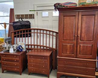 Queen bedroom set: frame W wood side rails, 2 night stands & 1 armoire