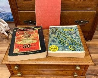 Scarce Antique/Vintage 2 drawer Spool cabinet. 2 vintage Department ( Montgomery Ward, and Sears ) Catalogs. 