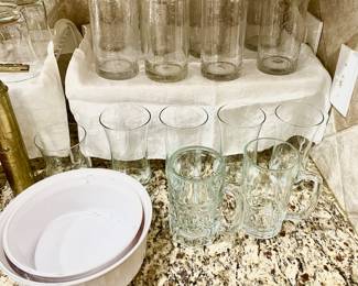 Excellent heavy Bubble drinking goblet glasses. 2 French white Corning ware bowls. 