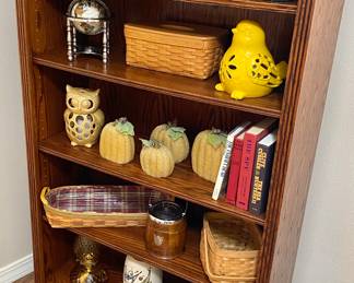 Longaberger baskets, vintage insulators and other quality decor. Shelf is sold.