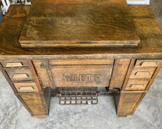 Antique White Sewing Machine in Tiger Oak Case.