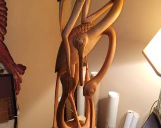 Carved wood flamingos - signed