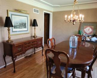 Bassett dining table, chairs, sideboard