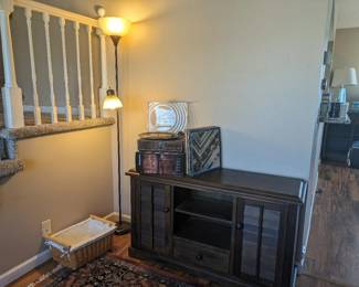 basket, buffet, lamp, and record player