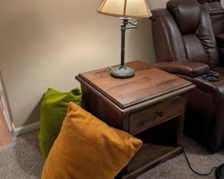 side table, lamp and handmade pillows