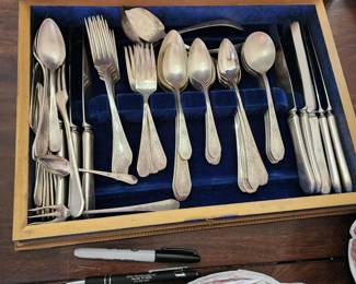 Community plate 8 piece setting and lots of serving pieces.  Antique box also available.