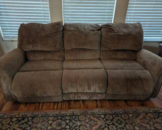 couch with recliners at both ends, large rug also for sale 