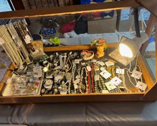 Wonderful collection of vintage jewelry, Fresh Water pearls, vintage lady head vase, Rhinestones