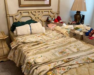 Vintage French Provincial head board with frame and mattress. Vintage window treatments, linens