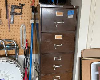 Vintage filing cabinet, fan, and tools
