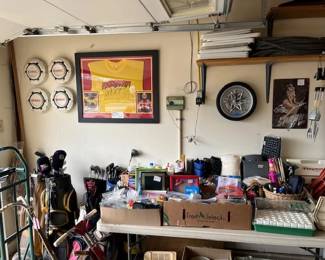 Wrestling framed memorabilia, Golf clubs, tools, metal signs