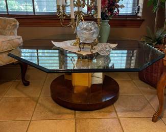 Mid-Century eight sided glass top with brass and wood base coffee table