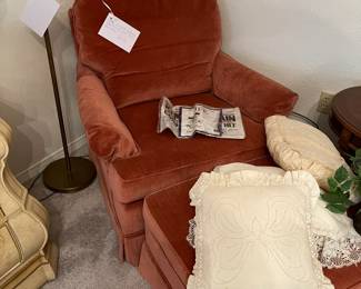 Vintage Woodmark Originals upholstered arm chair with foot stool, cushions, vintage brass floor lamp with shell shade