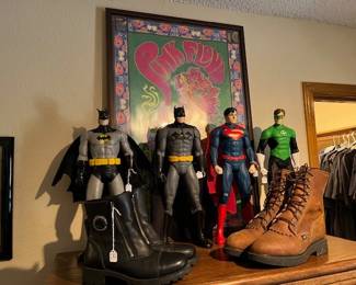 Pink Floyd poster, Harley Davidson boots, Justin work/hunting boots, and Super Hero figures 