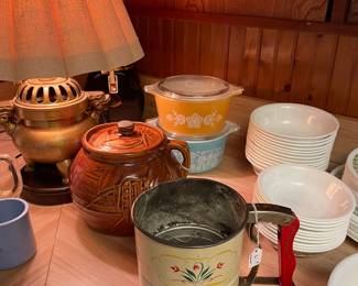 Vintage sifter, crock, and Pyrex
