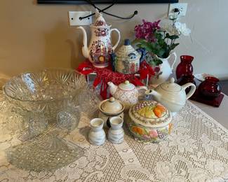 Vintage punch bowl with cups and ladle, egg cups, tea pot collection, ruby glass