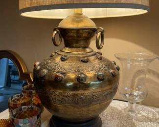 A wonderful vintage metal base table lamp with original shade