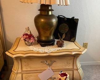 The second vintage French Provincial bedside table, A second vintage brass ginger jar table lamp with original shade