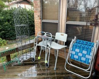 Metal shelf, folding chairs, health aids