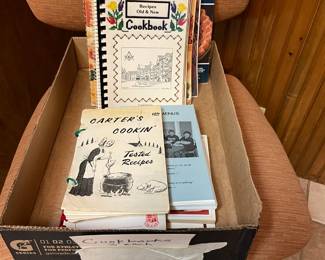 Vintage cookbooks, office chair