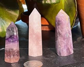 Rainbow Fluorite on left, Rose Quartz middle, purple Fluorite on the right