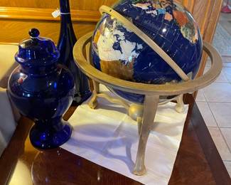 Vintage cobalt blue apothecary jar, vintage cobalt blue bottle and a beautiful jeweled globe on brass stand