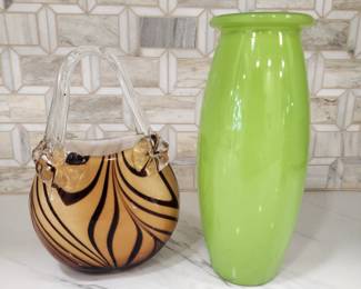 BLOWN GLASS PURSE AND LIME GREEN VASE