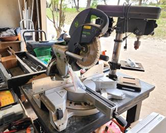 Radial arm chop saw, table top drill press