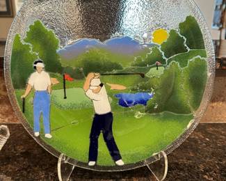 PEGGY KARR Fused Art Glass Golf Serving Tray and Dessert Plates