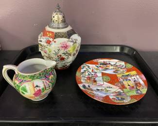 Imari plate, creamer, porc sugar shaker