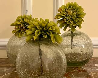 (3) Crackle Glass Vases with Faux Flowers