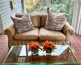 Suede Slipcovered Sofa & Glass & Brass Coffee Table