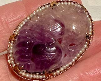 Carved Lavender Jade & Seed Pearl Pin