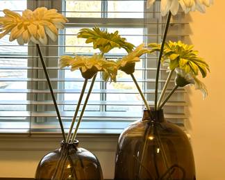(2) Crate & Barrel Blown Glass Vases with Faux Daisies