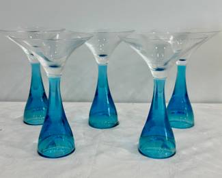 (5) Art Glass Blue Martini Glasses