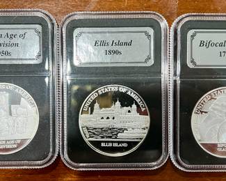 Golden Age of TV, Ellis Island & Bifocal Glasses Silver Bullion Coins