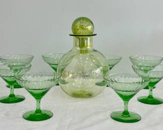 Art Glass Decanter & (8) Champagne Coupes