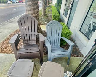 3 brown chairs and side tables, 1 gray