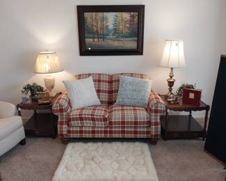 Broyhill loveseat, end tables, Alpaca fur floor rug