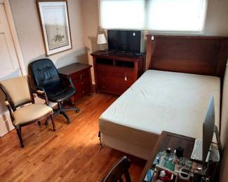 full size bed, night stand and dresser, office chair, victorian arm chair, 32" TV