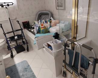 Rollator, transfer sheet, heart monitor, cleaning supplies