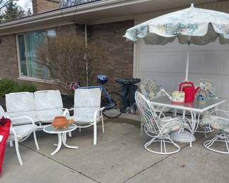 Woodard patio furniture, aluminum bike, garden