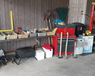 Craftsman tool chest, Werner step ladder, Craftsman bench vise, bench grinder, Stanley hand plane, 2 wheel dolly, coolers, coal grills, hand tools, Trek 1420 aluminum 10 speed bike, Perfect Aire dehumidifier