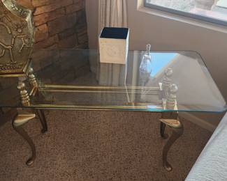 Cast & Polished Brass Cabriole Leg Console Table with Beveled Glass Top